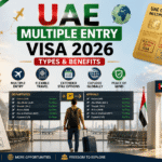 UAE Multiple Entry Visa 2026 guide showing unlimited re-entry benefits, visa types, costs, and travel information.